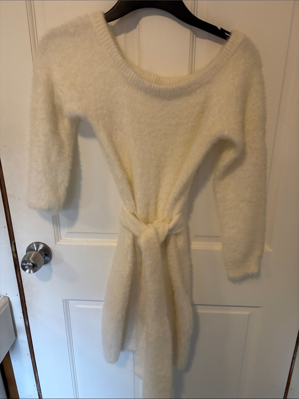 Fashion Nova Cozy Cream Fuzzy Long Sleeve Belted Dress